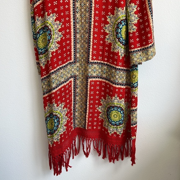 Band of Gypsies Red Boho Long Cardigan with Crochet and fringes - Picture 6 of 12